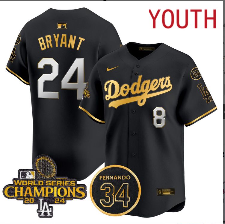 Youth  MLB Los Angeles Dodgers #24 Bryant black 2024 World Series Champions Patch Limited Jersey->youth mlb jersey->Youth Jersey